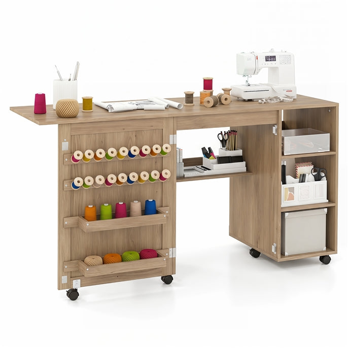 Giantex Folding Sewing Table, Multifunctional Sewing Machine Craft Station with Storage Shelves
