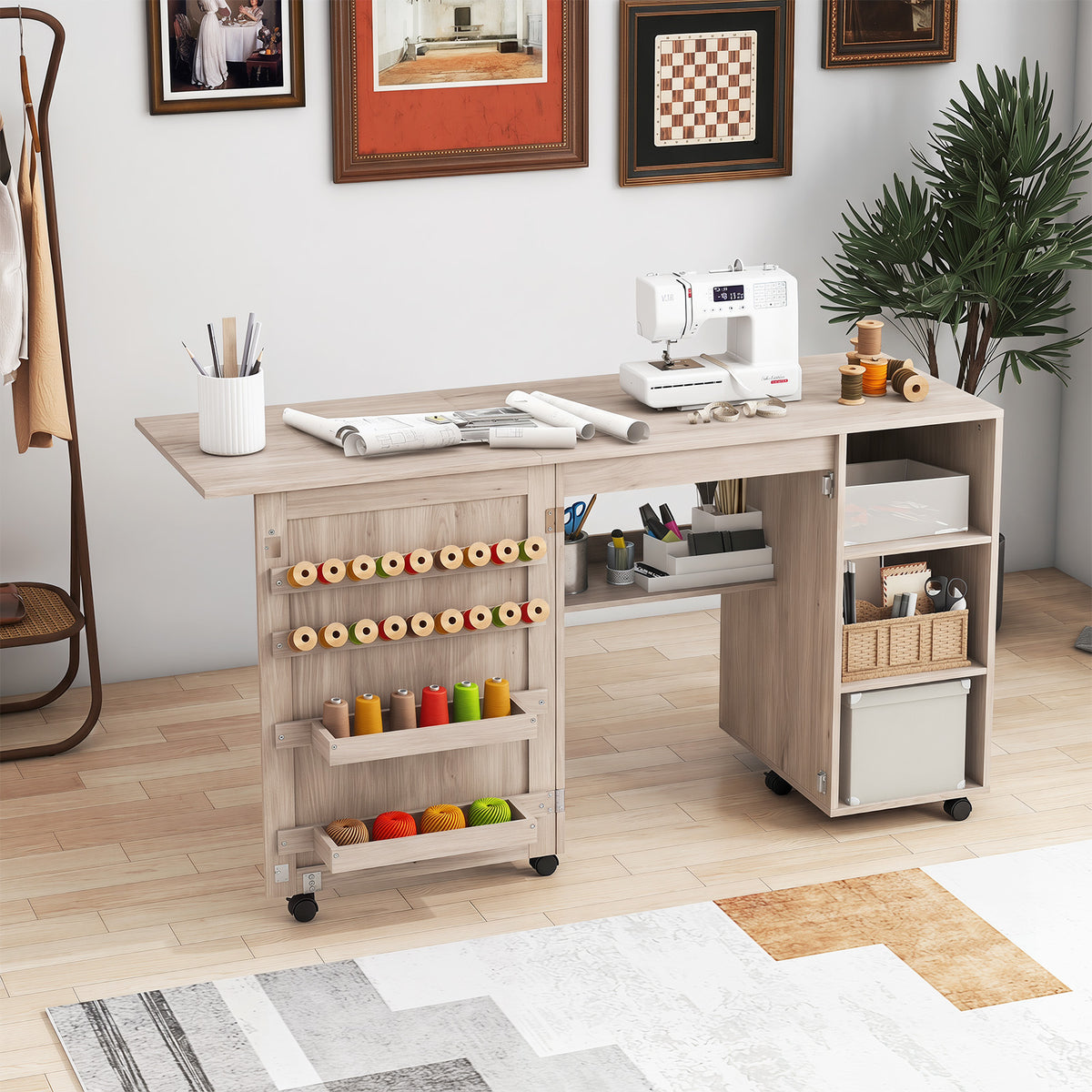 Giantex Folding Sewing Table, Multifunctional Sewing Machine Craft Station with Storage Shelves