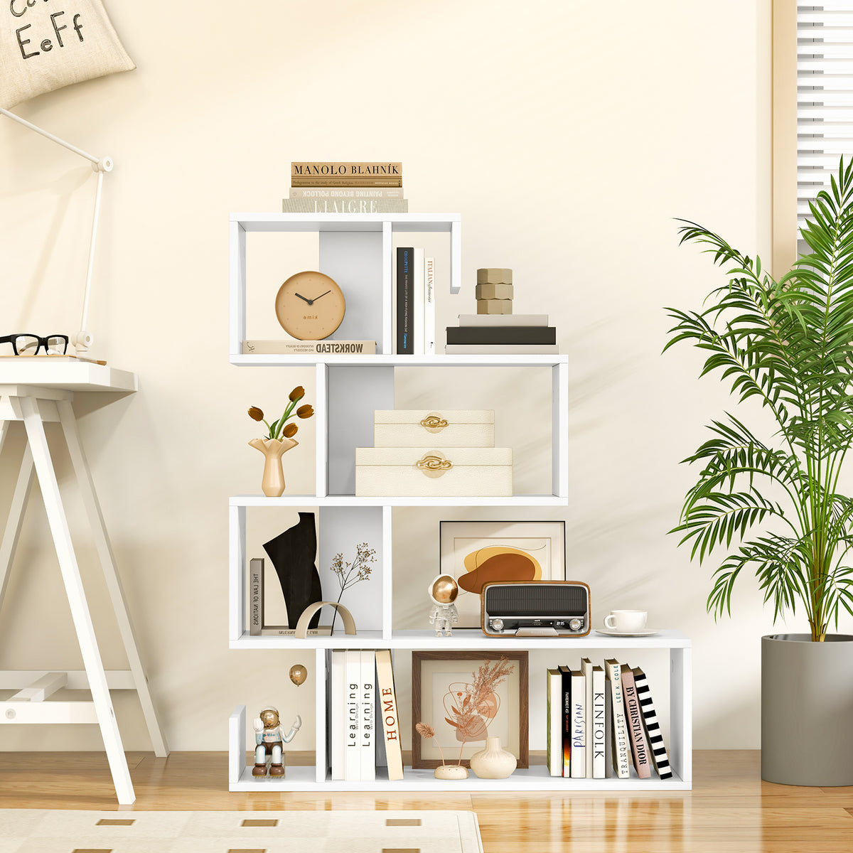 5-Tier S-Shaped Bookshelf, Geometric Z-Shelf Bookcase w/ Open Cubes