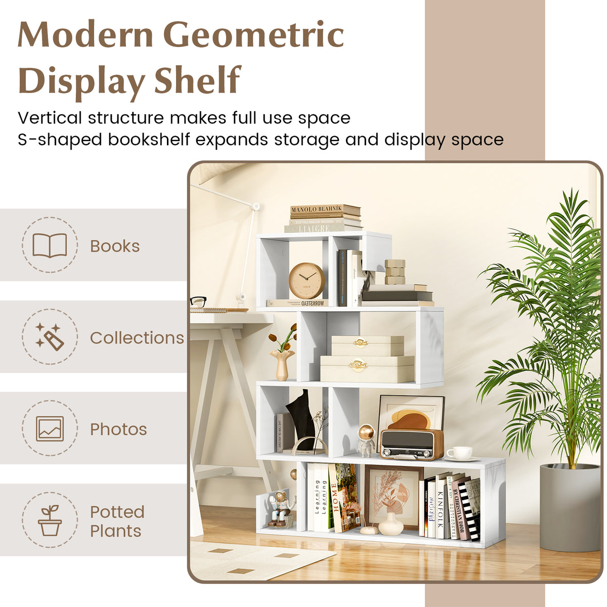 5-Tier S-Shaped Bookshelf, Geometric Z-Shelf Bookcase w/ Open Cubes