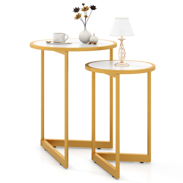 Giantex Round Nesting Table Set of 2, Modern 40cm & 30cm Coffee Tables w/V-Shaped Base, White