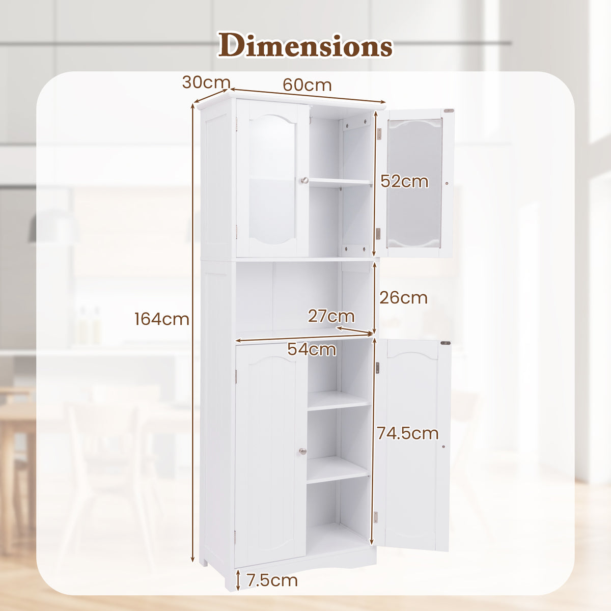 164 cm Tall Bathroom Storage Cabinet, Freestanding Linen Cabinet