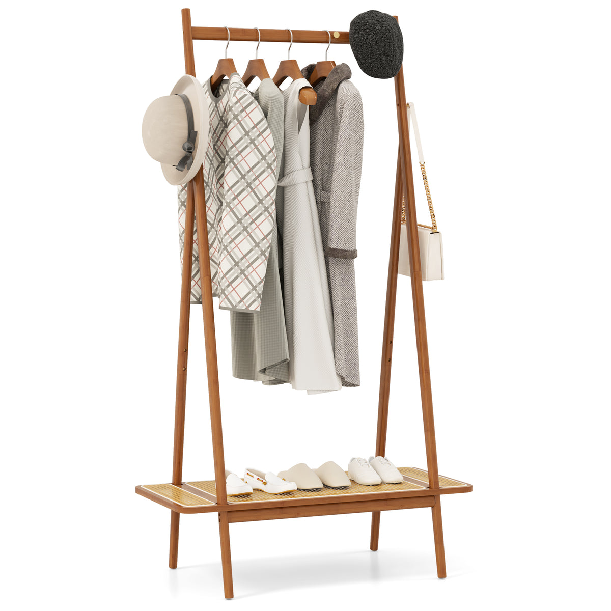 Bamboo Clothes Rack, Clothing Rack with Hanging Rod, Rattan Shelf & 5 Copper Hooks