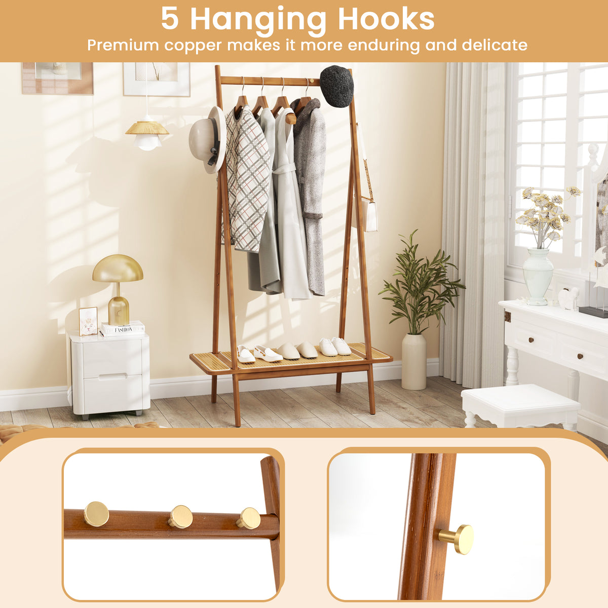 Bamboo Clothes Rack, Clothing Rack with Hanging Rod, Rattan Shelf & 5 Copper Hooks