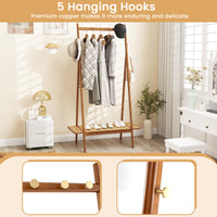 Bamboo Clothes Rack, Clothing Rack with Hanging Rod, Rattan Shelf & 5 Copper Hooks