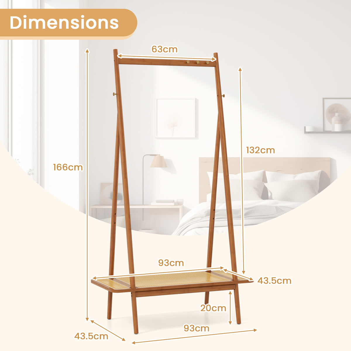 Bamboo Clothes Rack, Clothing Rack with Hanging Rod, Rattan Shelf & 5 Copper Hooks