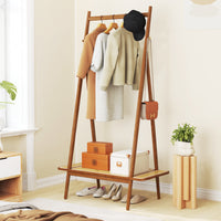 Bamboo Clothes Rack, Clothing Rack with Hanging Rod, Rattan Shelf & 5 Copper Hooks