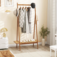 Bamboo Clothes Rack, Clothing Rack with Hanging Rod, Rattan Shelf & 5 Copper Hooks
