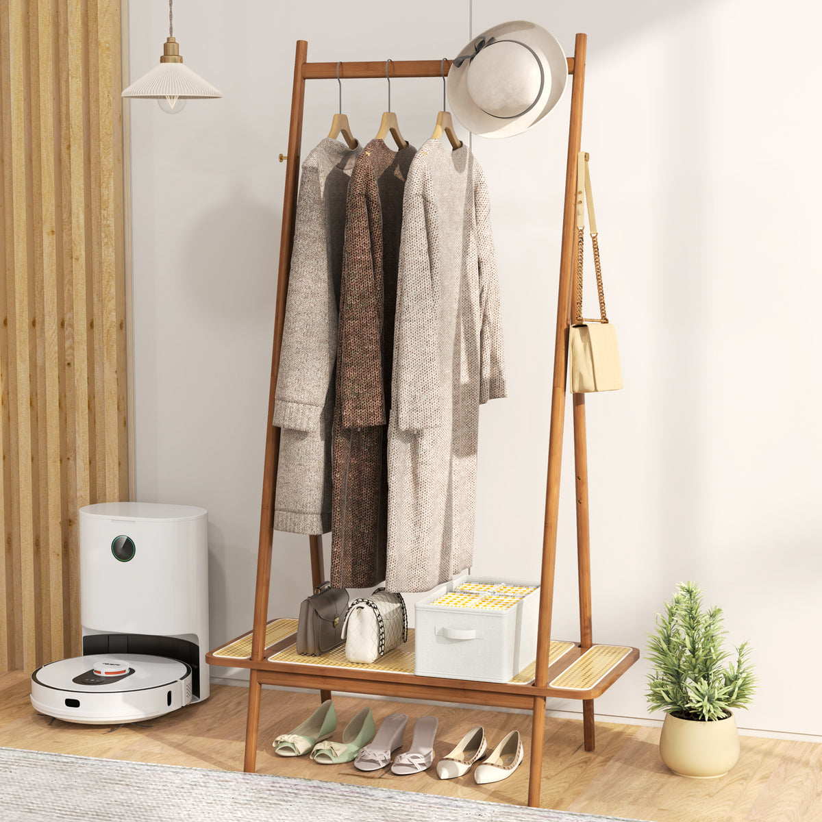 Bamboo Clothes Rack, Clothing Rack with Hanging Rod, Rattan Shelf & 5 Copper Hooks
