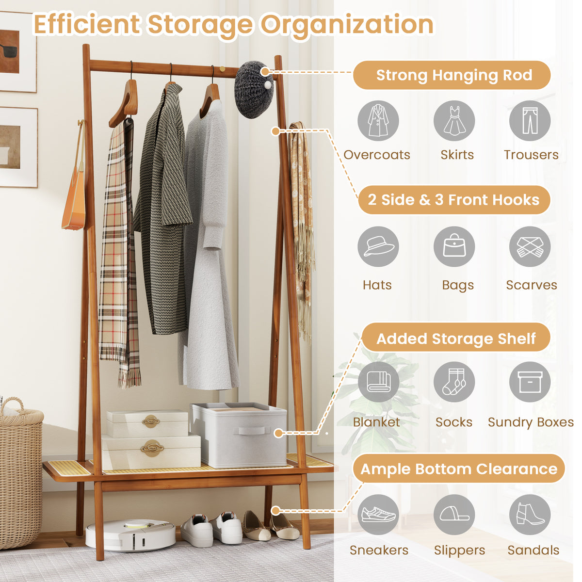 Bamboo Clothes Rack, Clothing Rack with Hanging Rod, Rattan Shelf & 5 Copper Hooks