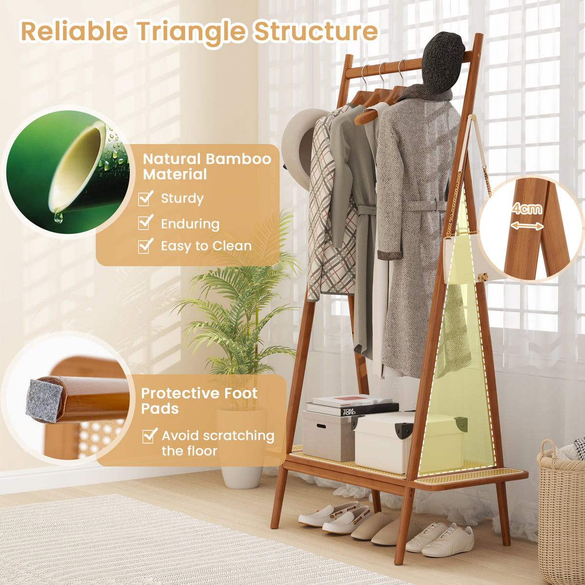Bamboo Clothes Rack, Clothing Rack with Hanging Rod, Rattan Shelf & 5 Copper Hooks