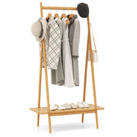 Bamboo Clothes Rack, Clothing Rack with Hanging Rod, Rattan Shelf & 5 Copper Hooks