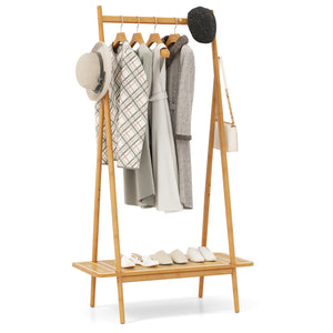 Bamboo Clothes Rack, Clothing Rack with Hanging Rod, Rattan Shelf & 5 Copper Hooks