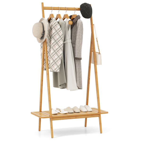 Bamboo Clothes Rack, Clothing Rack with Hanging Rod, Rattan Shelf & 5 Copper Hooks