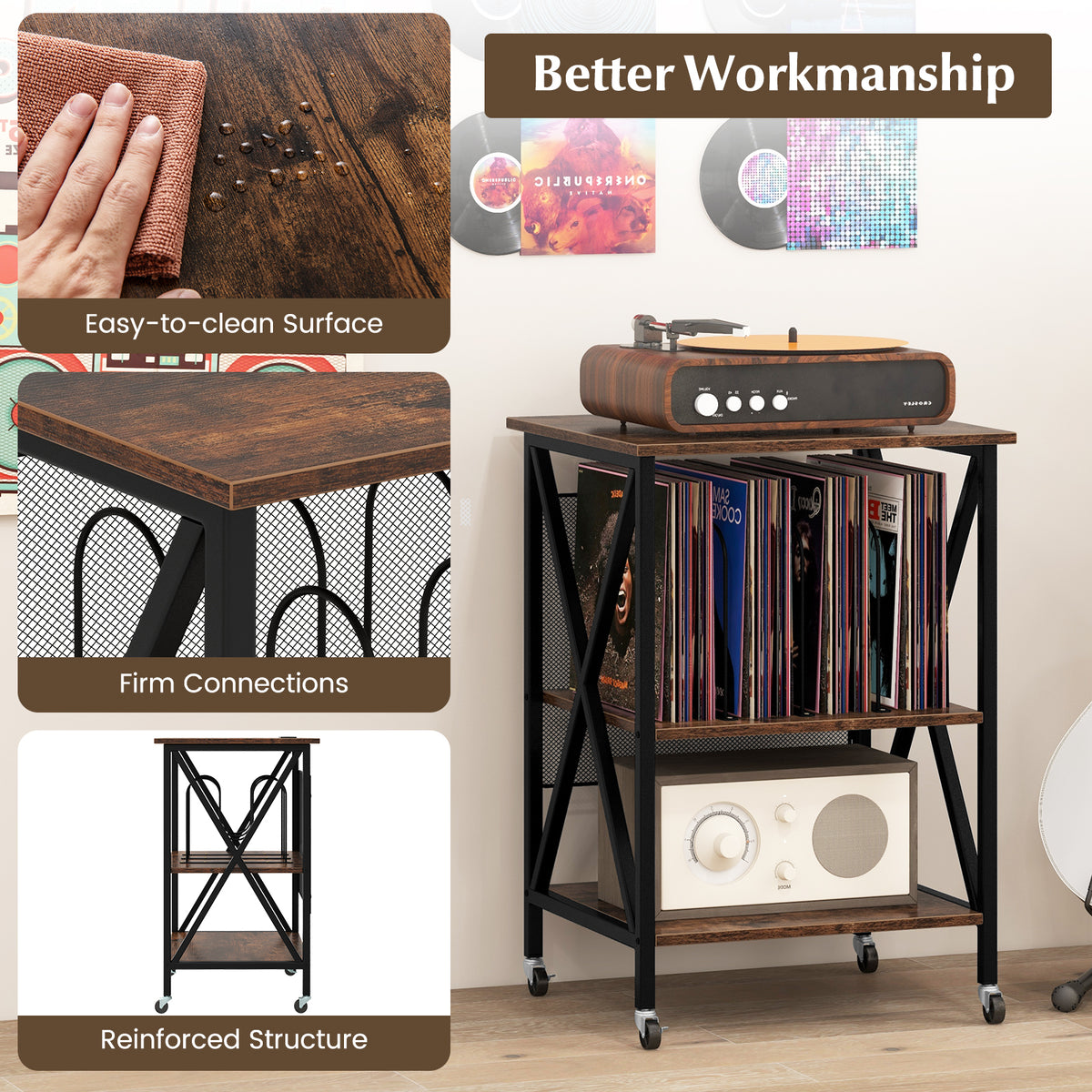 Record Player Stand Turnable Stand w/ Charging Station Vinyl Storage Cabinet