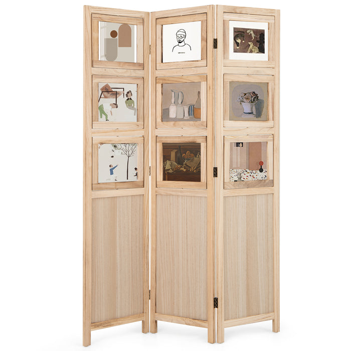 Room Divider, 3 Panel Folding Privacy Screen with 9 Swivel Paulownia Wood Photo Frames
