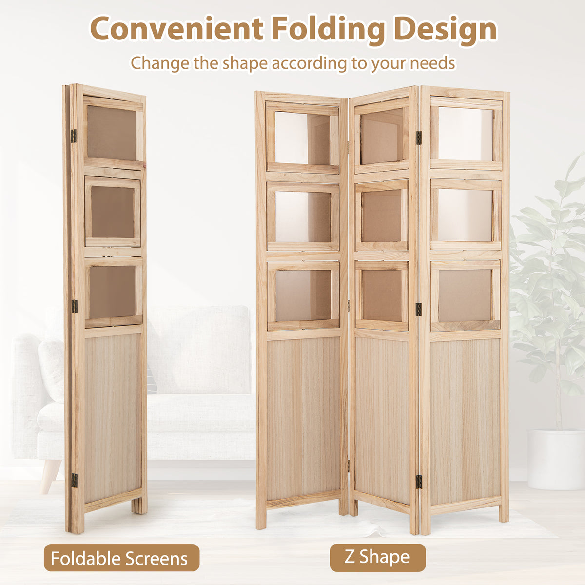 Room Divider, 3 Panel Folding Privacy Screen with 9 Swivel Paulownia Wood Photo Frames