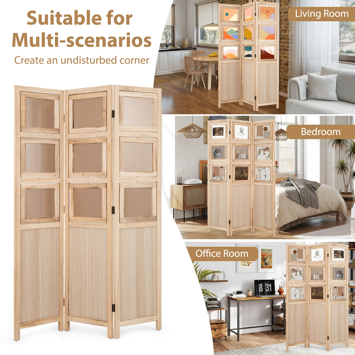 Room Divider, 3 Panel Folding Privacy Screen with 9 Swivel Paulownia Wood Photo Frames