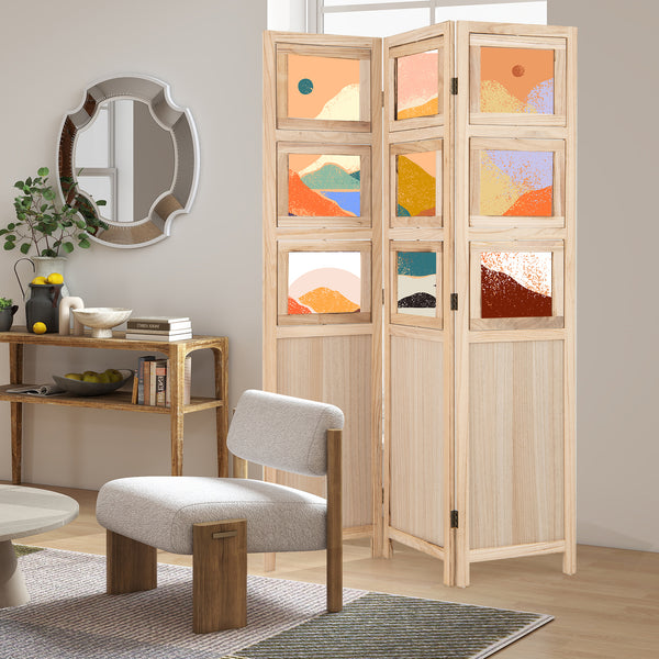 Room Divider, 3 Panel Folding Privacy Screen with 9 Swivel Paulownia Wood Photo Frames