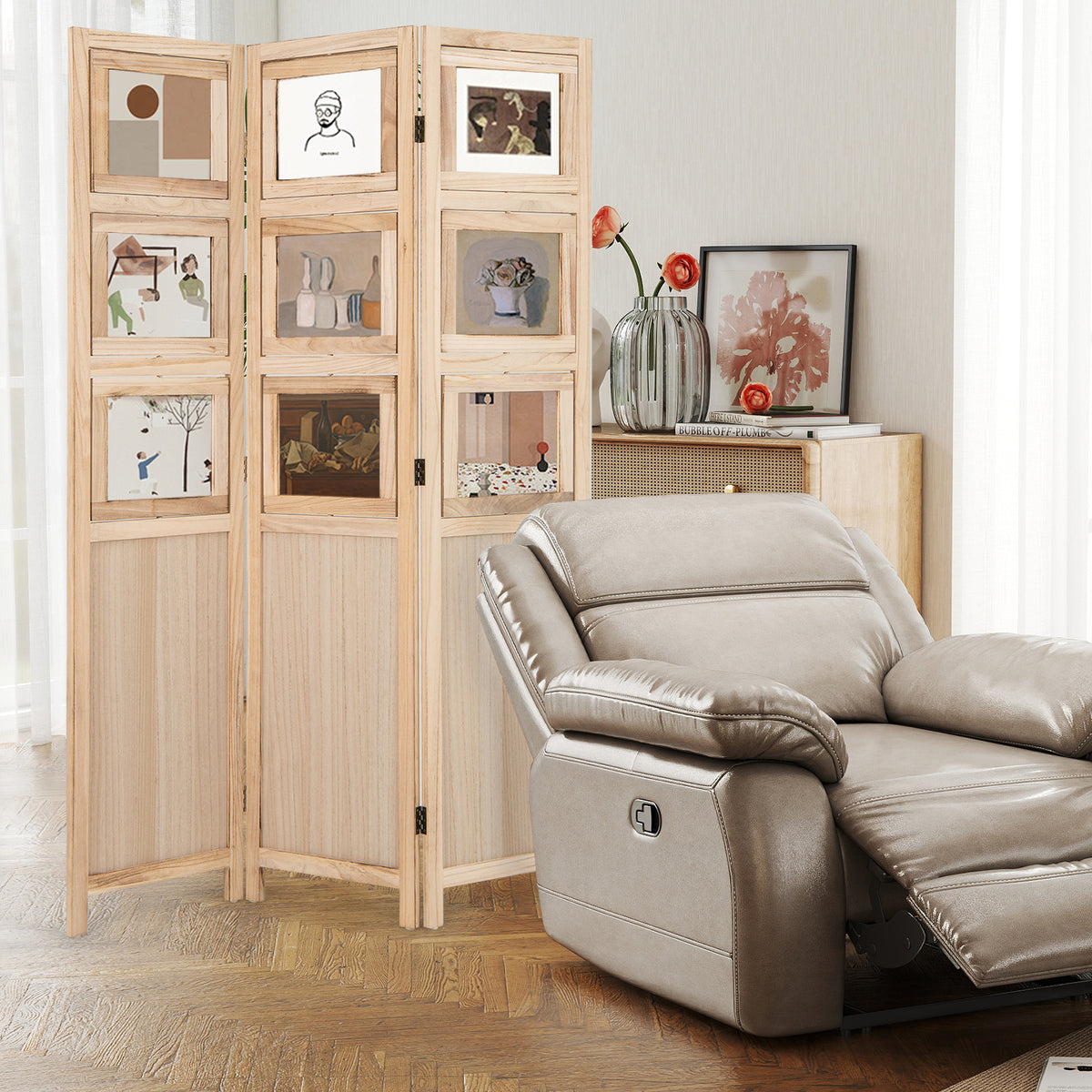 Room Divider, 3 Panel Folding Privacy Screen with 9 Swivel Paulownia Wood Photo Frames
