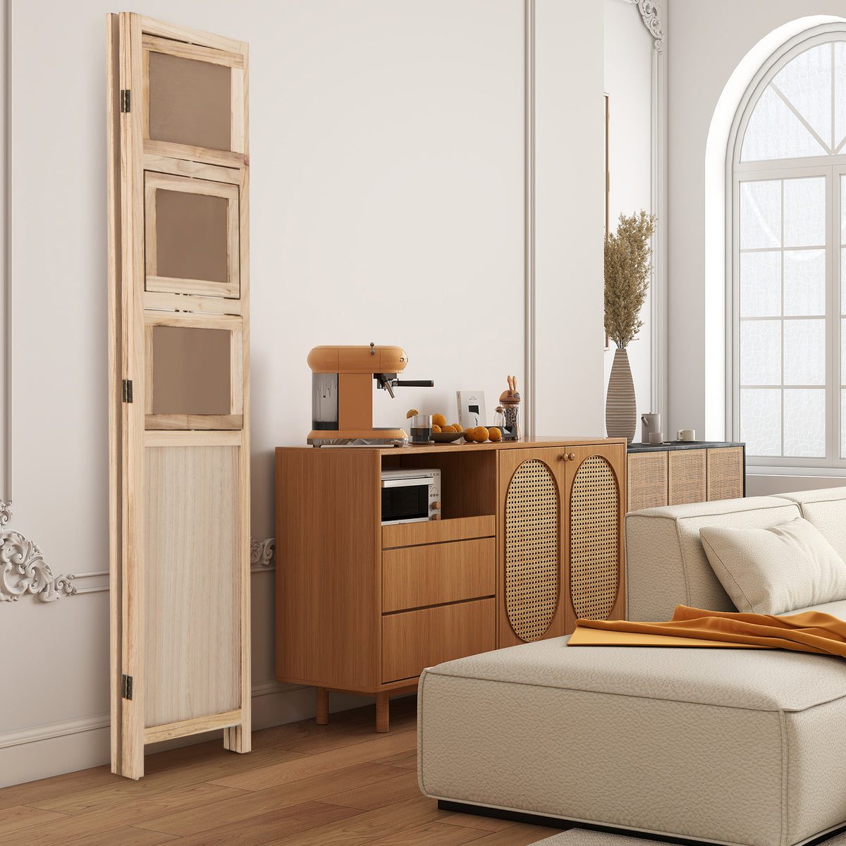 Room Divider, 3 Panel Folding Privacy Screen with 9 Swivel Paulownia Wood Photo Frames