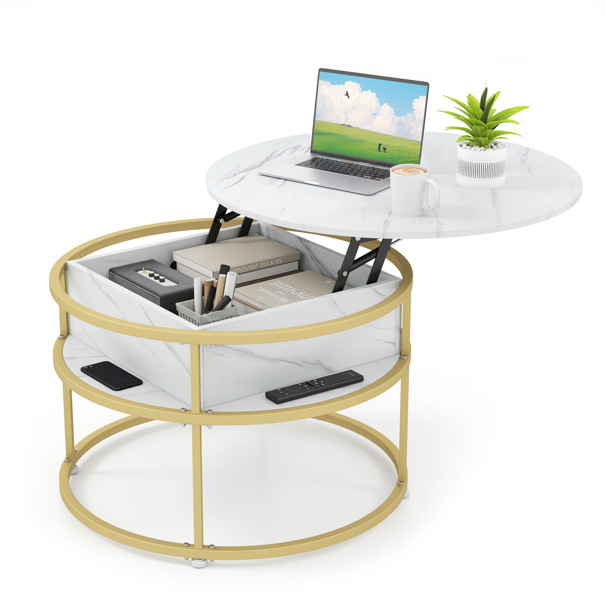 Lift Top Coffee Table, 80cm Round Center Table with Hidden Compartment & Side Shelves