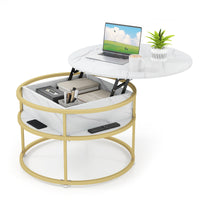 Lift Top Coffee Table, 80cm Round Center Table with Hidden Compartment & Side Shelves