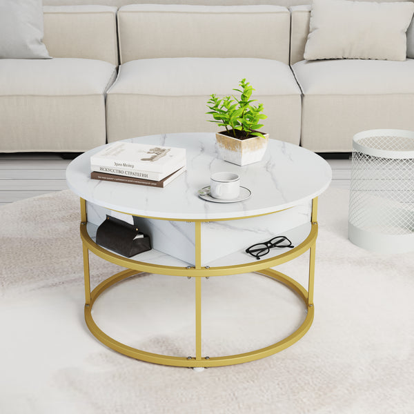 Lift Top Coffee Table, 80cm Round Center Table with Hidden Compartment & Side Shelves