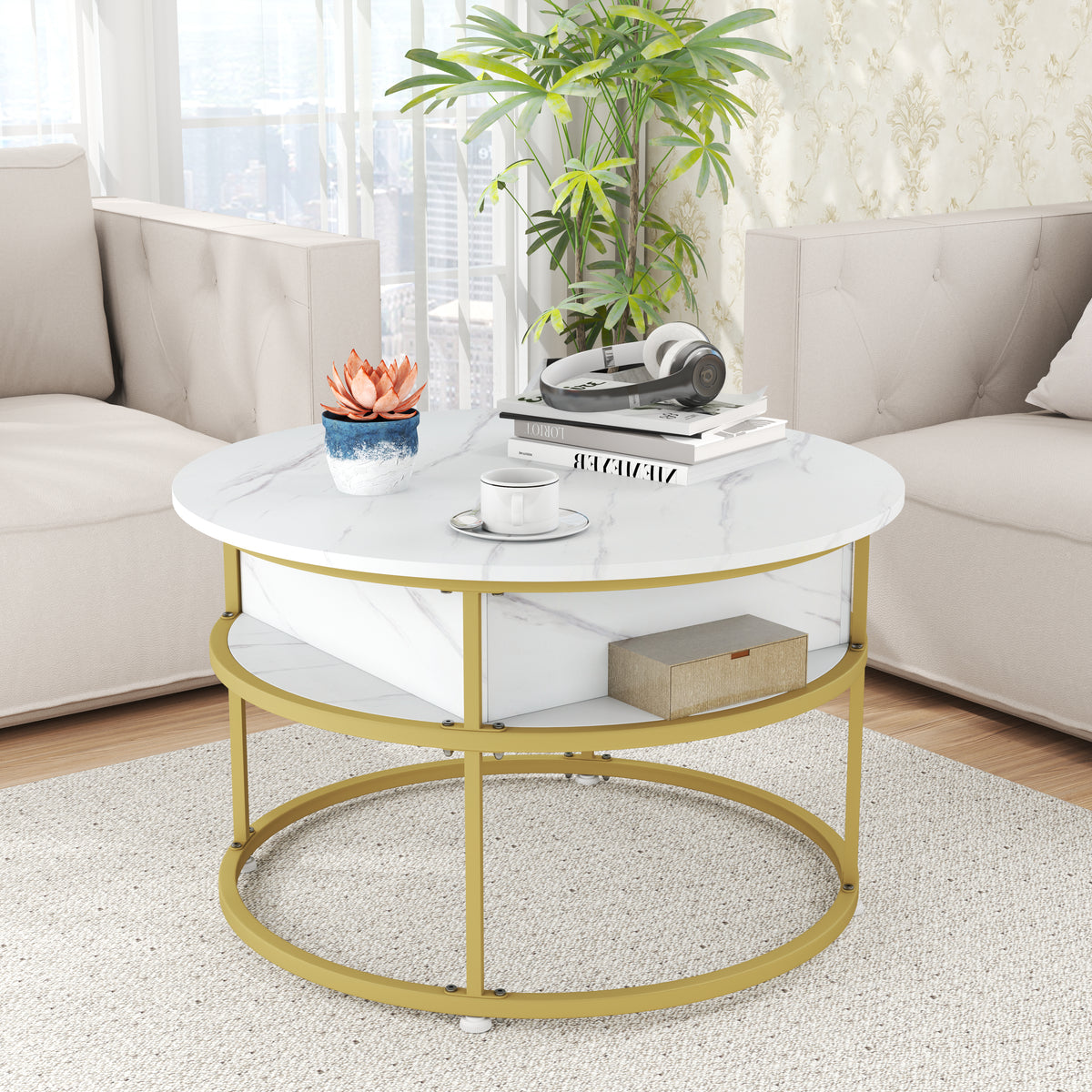 Lift Top Coffee Table, 80cm Round Center Table with Hidden Compartment & Side Shelves