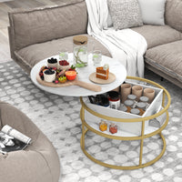 Lift Top Coffee Table, 80cm Round Center Table with Hidden Compartment & Side Shelves