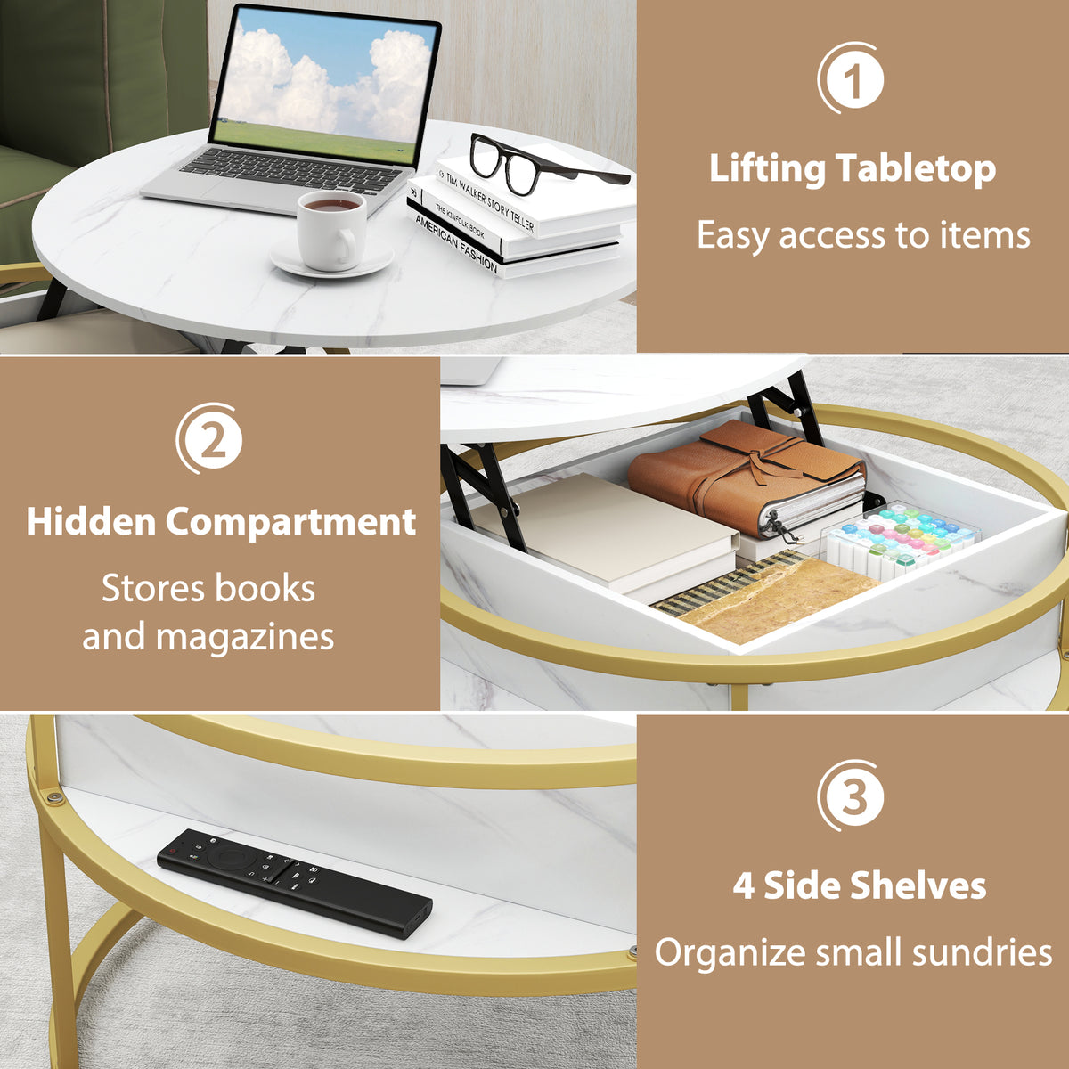 Lift Top Coffee Table, 80cm Round Center Table with Hidden Compartment & Side Shelves