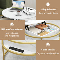 Lift Top Coffee Table, 80cm Round Center Table with Hidden Compartment & Side Shelves