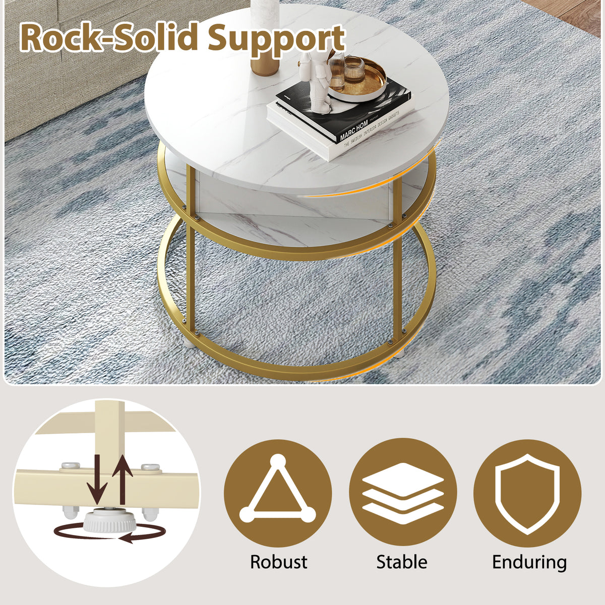 Lift Top Coffee Table, 80cm Round Center Table with Hidden Compartment & Side Shelves