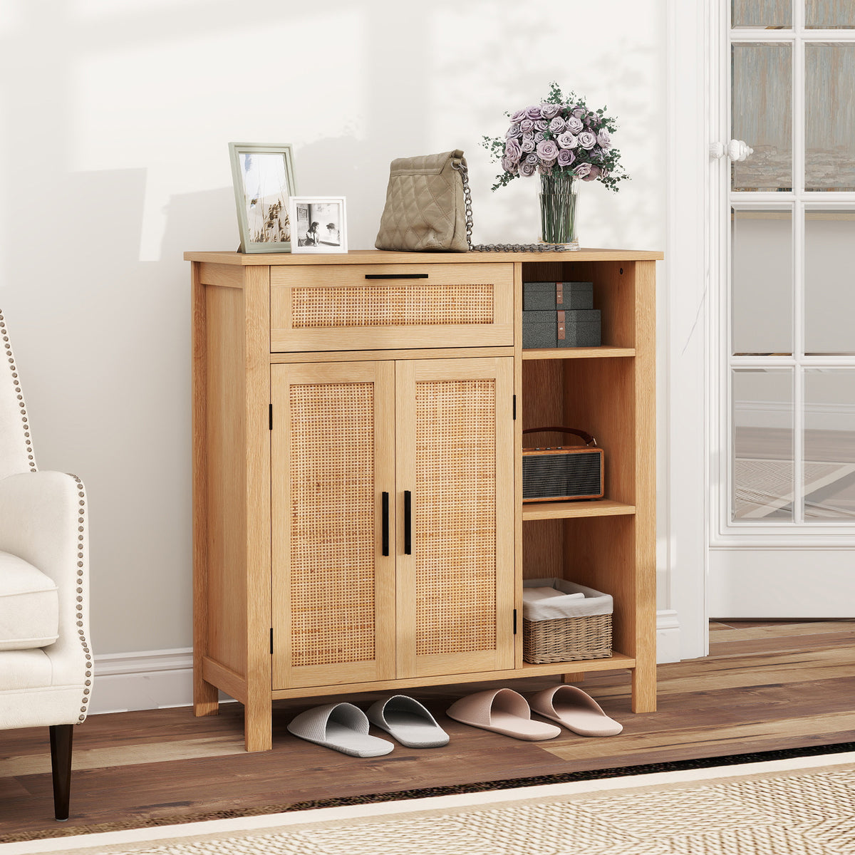 Buffet Sideboard, Storage Cabinet with Rattan Woven Doors
