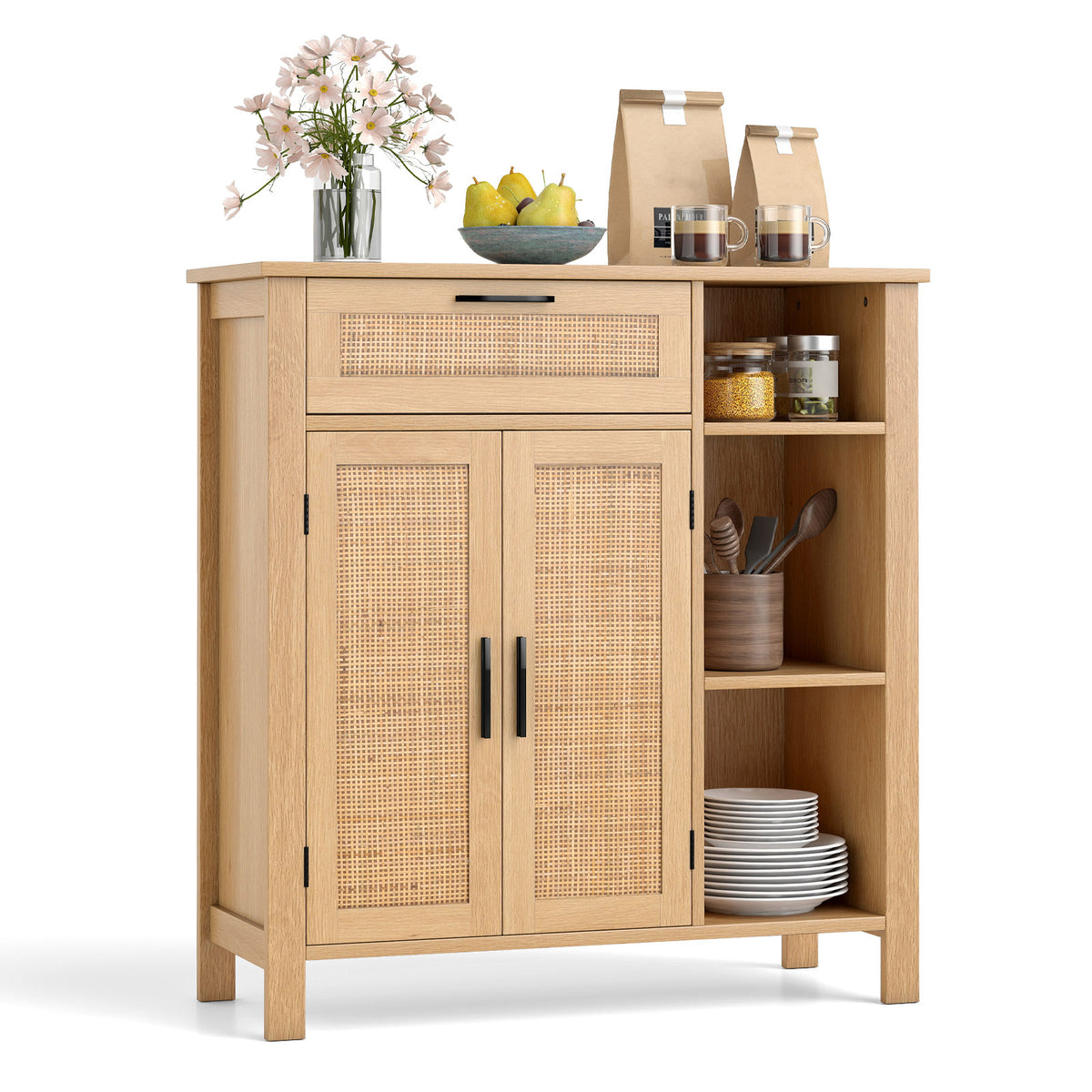 Buffet Sideboard, Storage Cabinet with Rattan Woven Doors