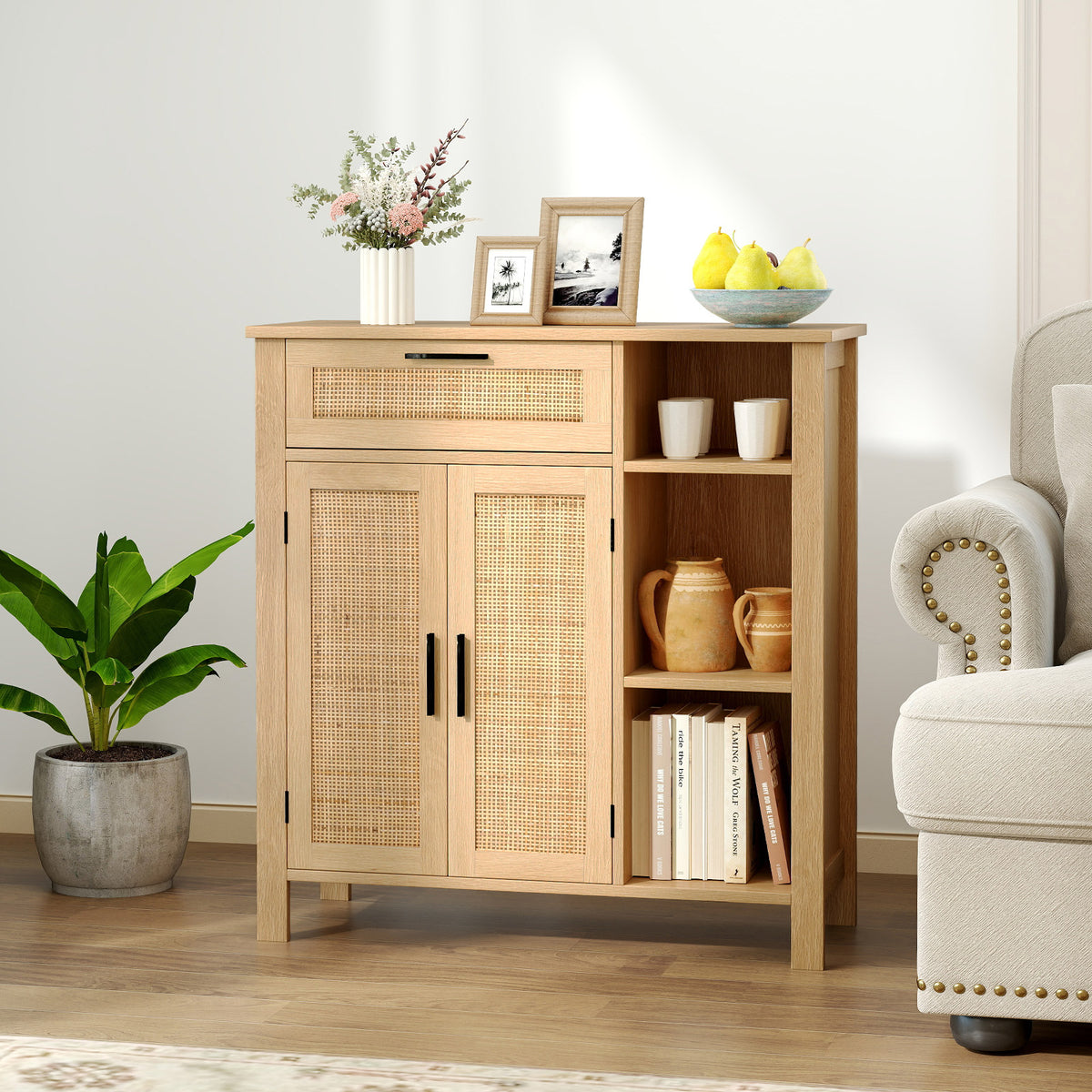 Buffet Sideboard, Storage Cabinet with Rattan Woven Doors