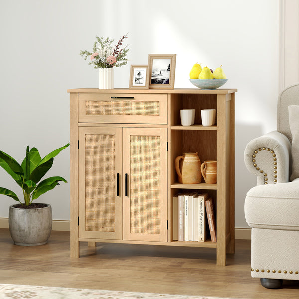 Buffet Sideboard, Storage Cabinet with Rattan Woven Doors
