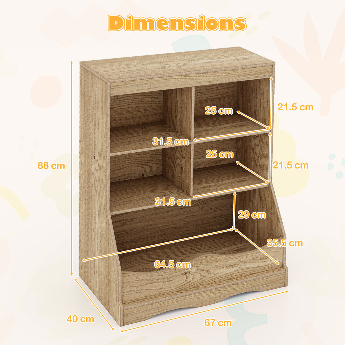 88CM Kids Bookshelf, 5 Cube Storage Shelf, Wooden Bookcase