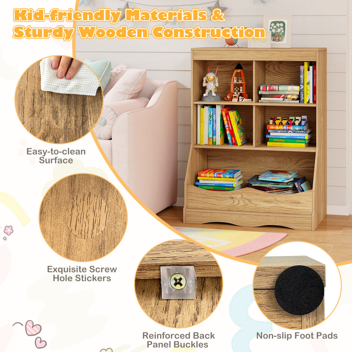88CM Kids Bookshelf, 5 Cube Storage Shelf, Wooden Bookcase
