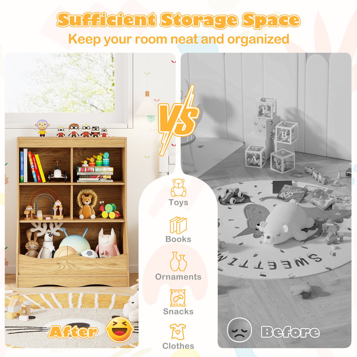 88CM Kids Bookshelf, 5 Cube Storage Shelf, Wooden Bookcase