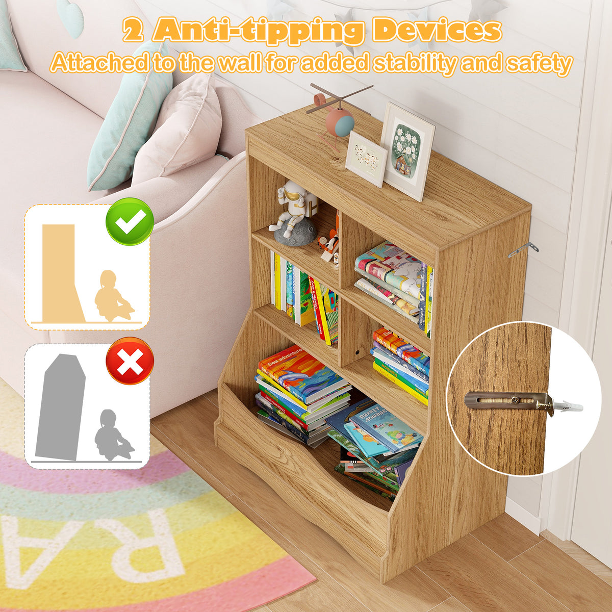 88CM Kids Bookshelf, 5 Cube Storage Shelf, Wooden Bookcase