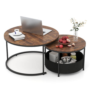 Giantex Round Coffee Table Set of 2, 80cm & 60cm Circle Cocktail Table with Fabric Storage Basket & Metal Frame