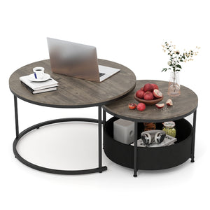 Giantex Round Coffee Table Set of 2, 80cm & 60cm Circle Cocktail Table with Fabric Storage Basket & Metal Frame