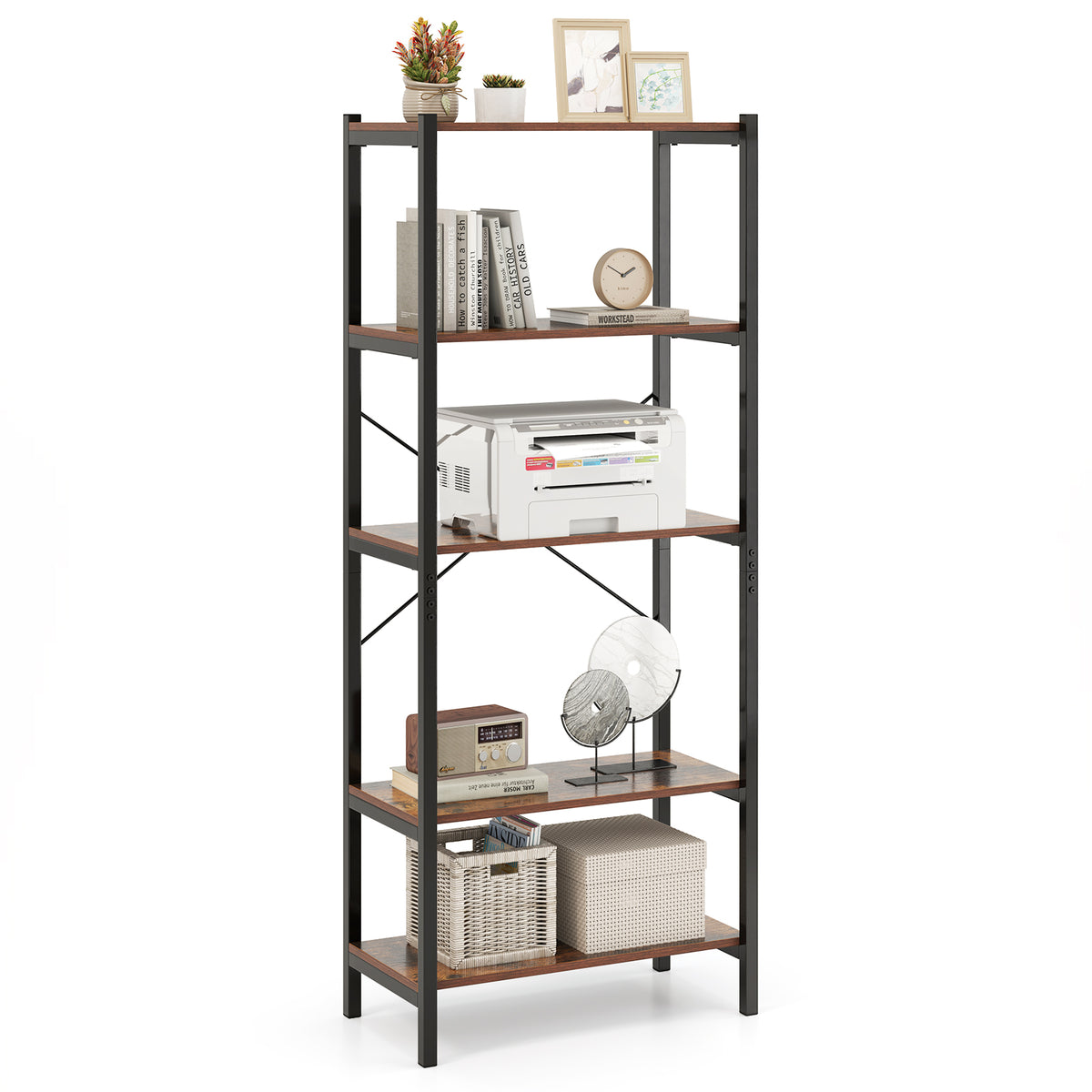 Giantex 5-Tier Bookshelf Bookcase with Metal Frame & Dual Anti-Tipping Kits Storage Rack