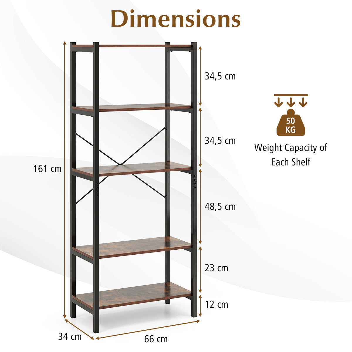 Giantex 5-Tier Bookshelf Bookcase with Metal Frame & Dual Anti-Tipping Kits Storage Rack