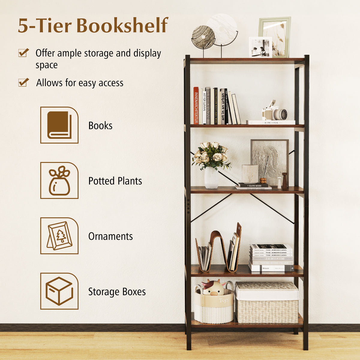 Giantex 5-Tier Bookshelf Bookcase with Metal Frame & Dual Anti-Tipping Kits Storage Rack