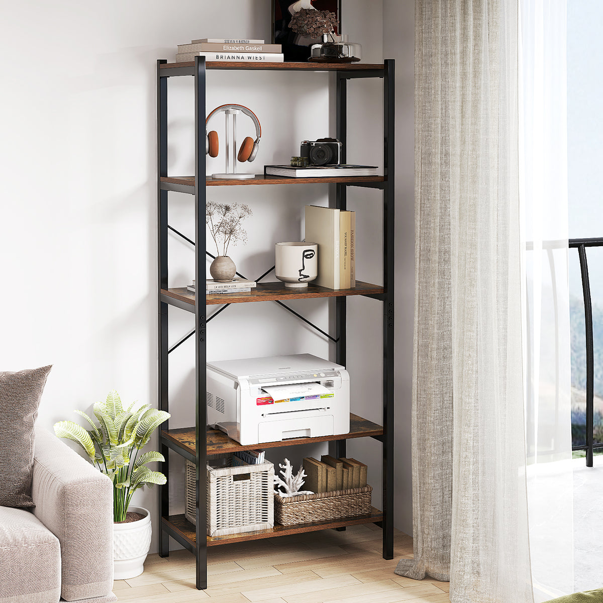 Giantex 5-Tier Bookshelf Bookcase with Metal Frame & Dual Anti-Tipping Kits Storage Rack