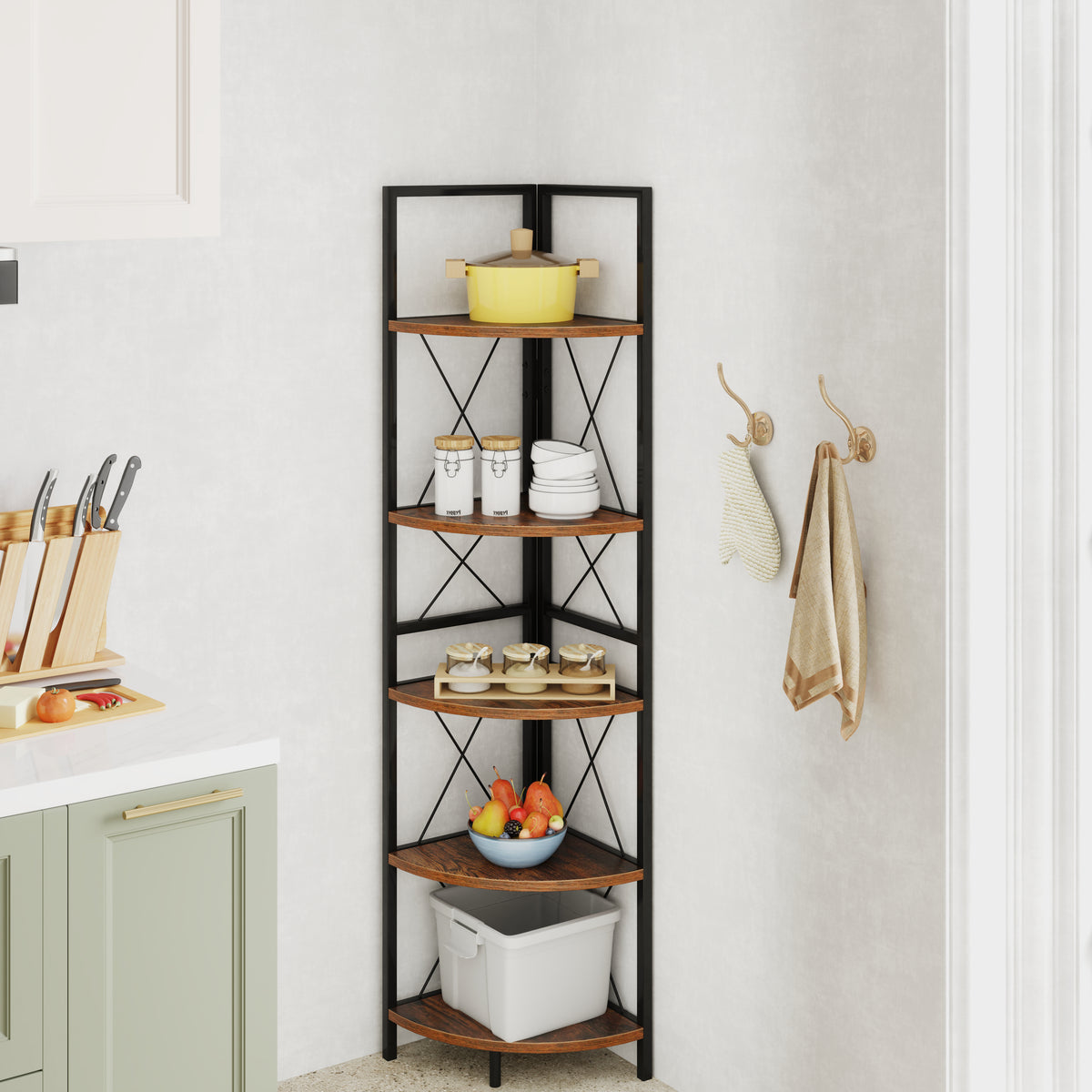 Giantex 5-Tier Corner Shelf Stand, Industrial Corner Bookshelf Display Storage Rack w/Metal Frame & Anti-Tipping Kits