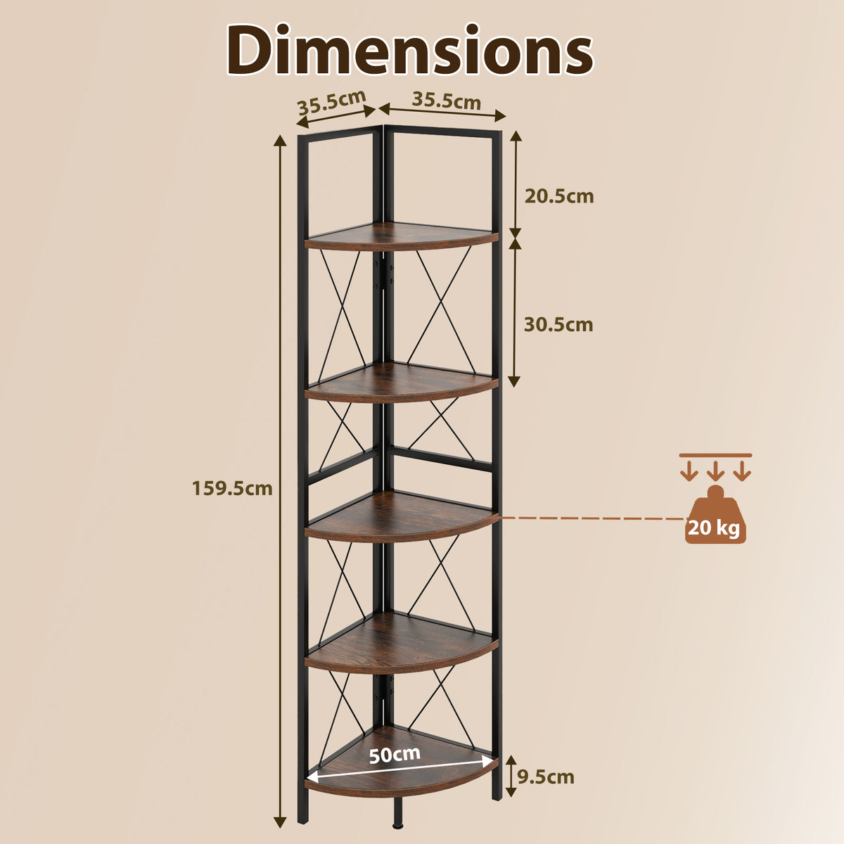 Giantex 5-Tier Corner Shelf Stand, Industrial Corner Bookshelf Display Storage Rack w/Metal Frame & Anti-Tipping Kits