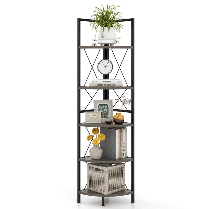 Giantex 5-Tier Corner Shelf Stand, Industrial Corner Bookshelf Display Storage Rack w/Metal Frame & Anti-Tipping Kits